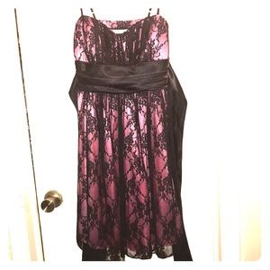 Pink silk black lace dress